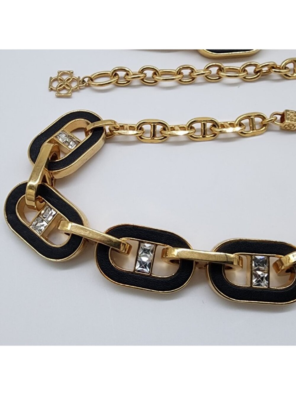 Ann Taylor Bracelet & Necklace Set Inlay Black Leather Gold Tone Chunky Chain VT - Picture 3 of 9